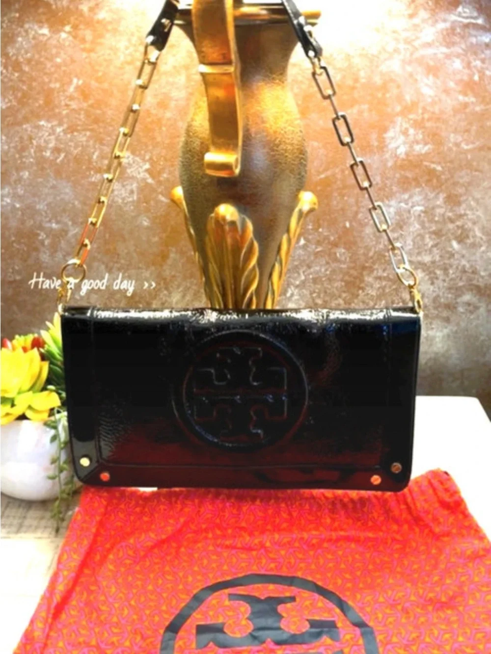 NWOT ~ Tory Burch Black Patent Leather Crossbody with Gold Chain